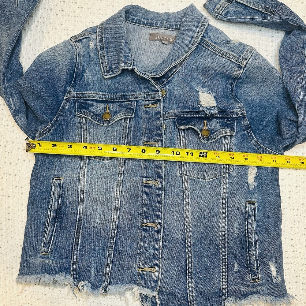Just‎ USA Boutique Women Distressed Blue Staircase Hem Jean Jacket Button Up-Med - Picture 12 of 13
